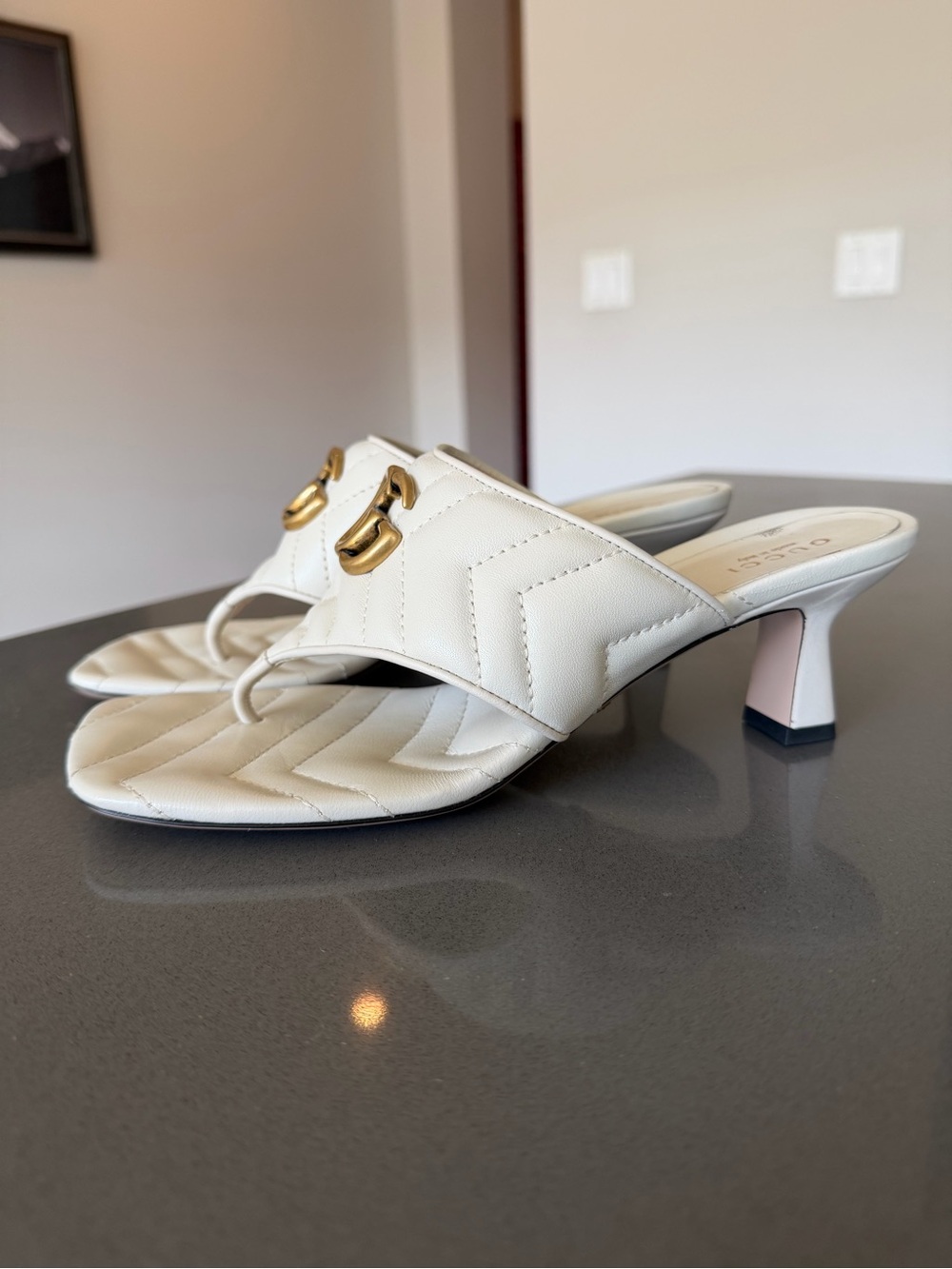 Gucci Cream Quilted Leather GG-Logo Mule Heels - Picture 5 of 10